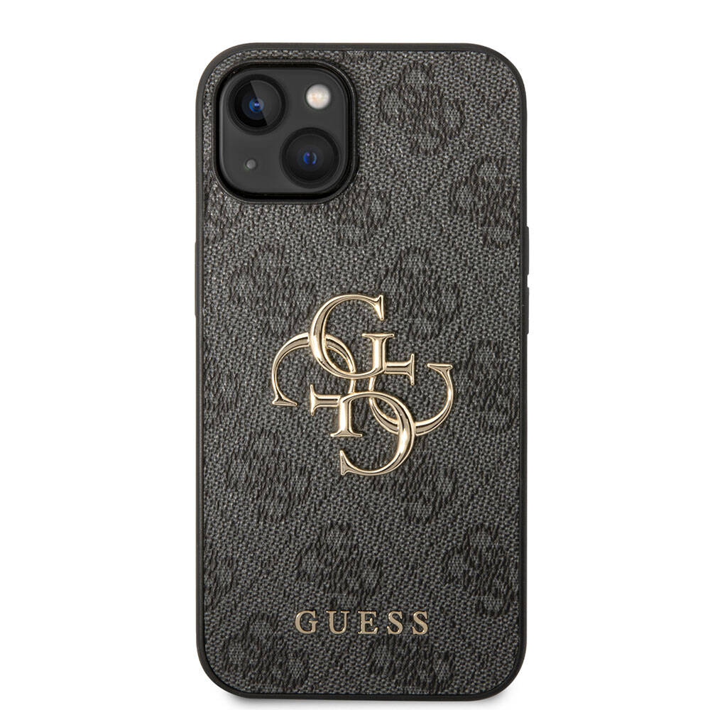 Apple iPhone 15 Plus Kılıf Guess Orjinal Lisanslı PU Deri Yazı ve 4G Metal Logolu Desenli Kapak Gri