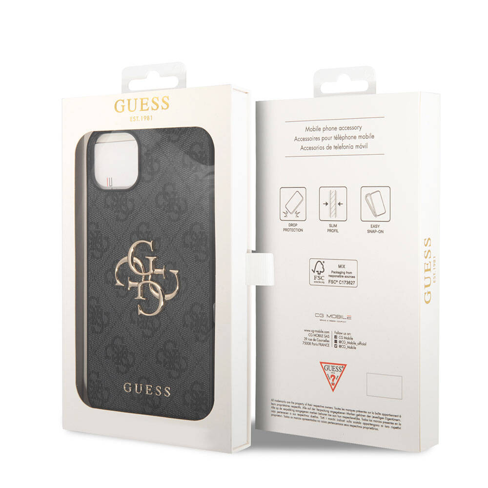 Apple iPhone 15 Plus Kılıf Guess Orjinal Lisanslı PU Deri Yazı ve 4G Metal Logolu Desenli Kapak Kahverengi