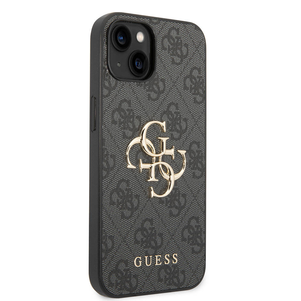 Apple iPhone 15 Plus Kılıf Guess Orjinal Lisanslı PU Deri Yazı ve 4G Metal Logolu Desenli Kapak Gri