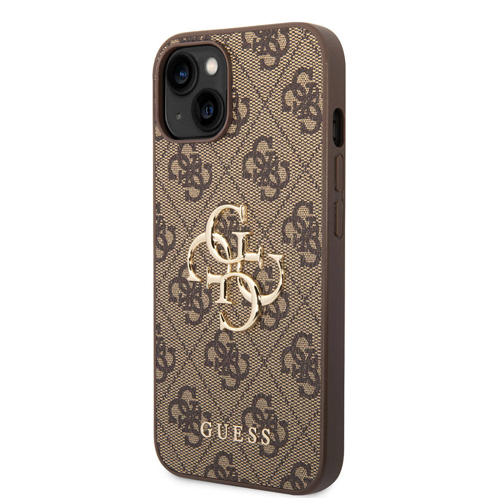 Apple iPhone 15 Plus Kılıf Guess Orjinal Lisanslı PU Deri Yazı ve 4G Metal Logolu Desenli Kapak Kahverengi