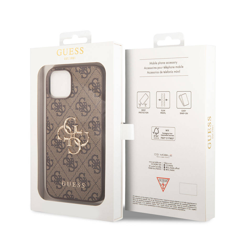 Apple iPhone 15 Plus Kılıf Guess Orjinal Lisanslı PU Deri Yazı ve 4G Metal Logolu Desenli Kapak Gri
