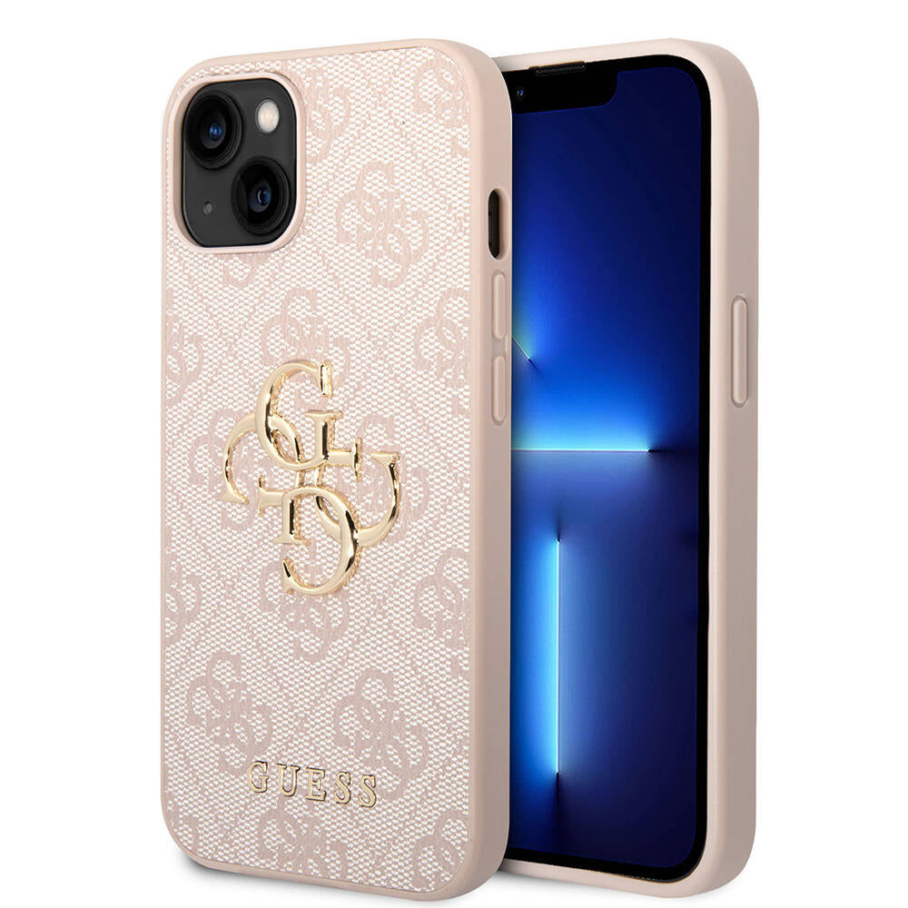 Apple iPhone 15 Plus Kılıf Guess Orjinal Lisanslı PU Deri Yazı ve 4G Metal Logolu Desenli Kapak Kahverengi