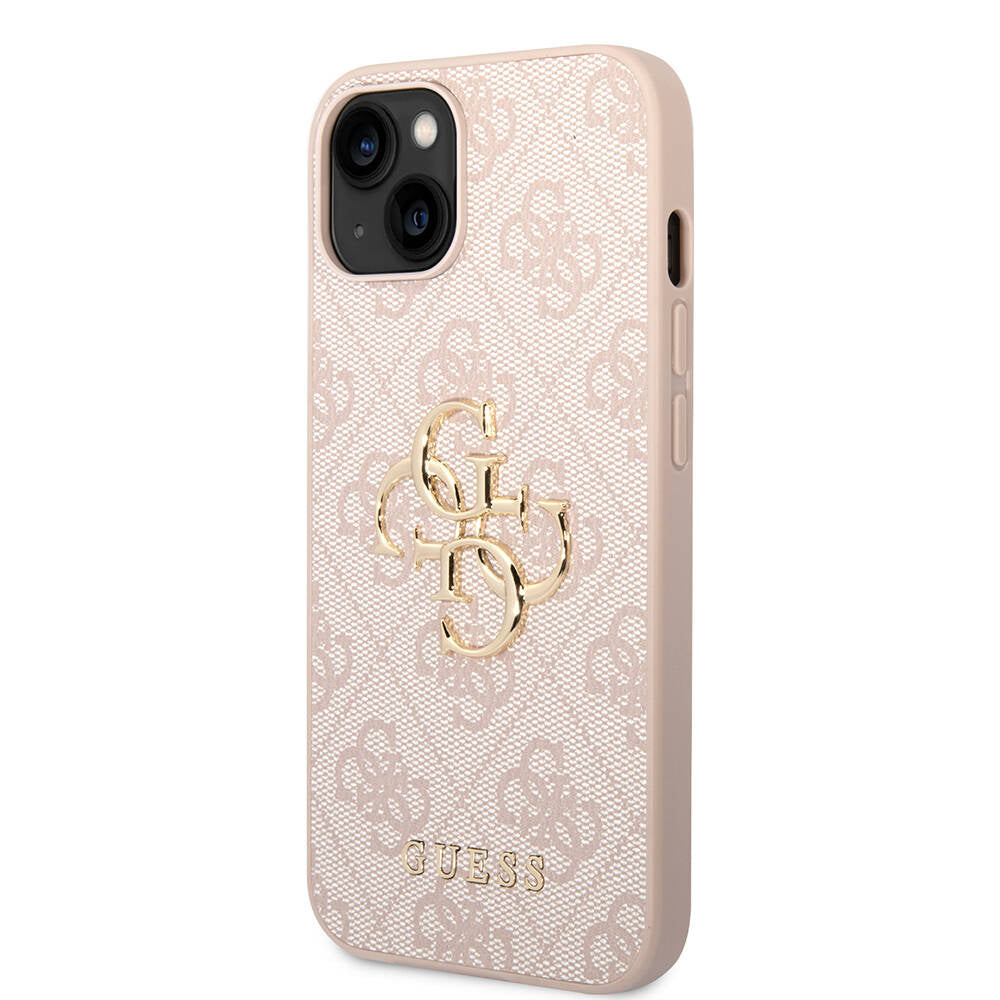 Apple iPhone 15 Plus Kılıf Guess Orjinal Lisanslı PU Deri Yazı ve 4G Metal Logolu Desenli Kapak Gri