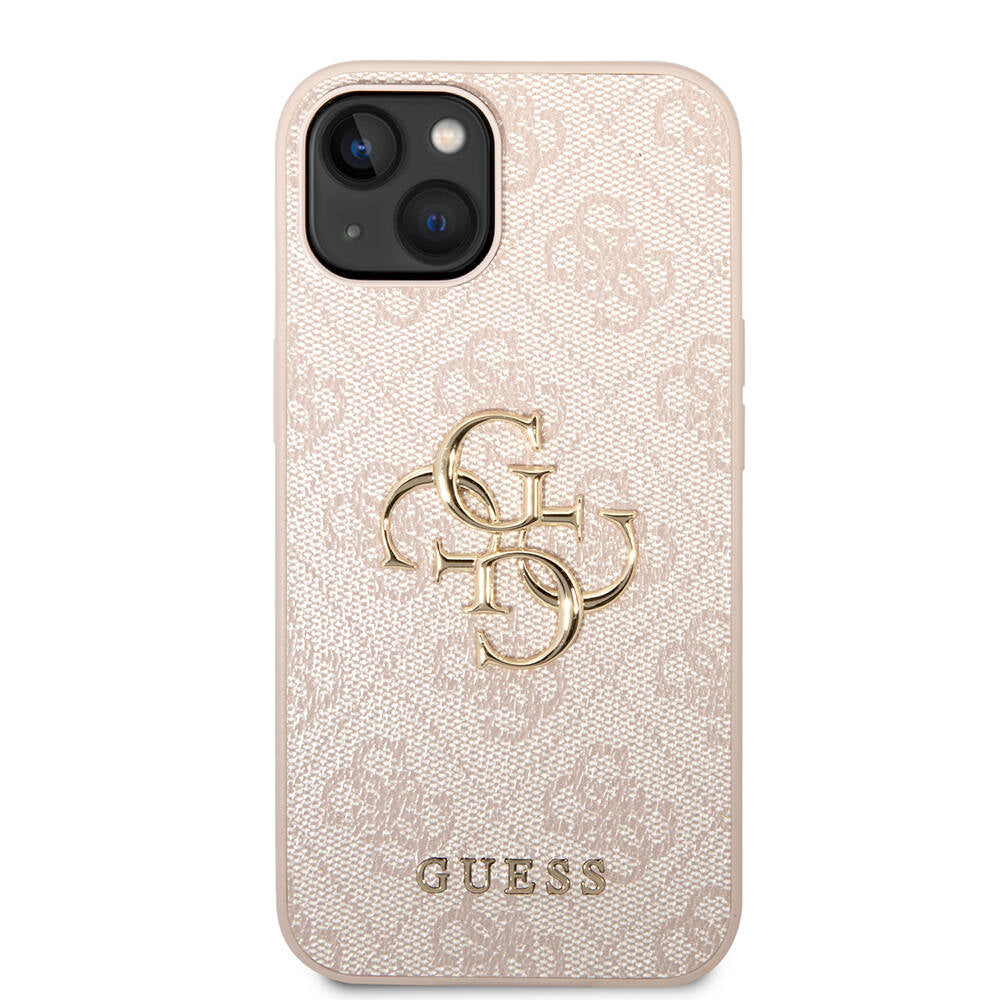 Apple iPhone 15 Plus Kılıf Guess Orjinal Lisanslı PU Deri Yazı ve 4G Metal Logolu Desenli Kapak Gri