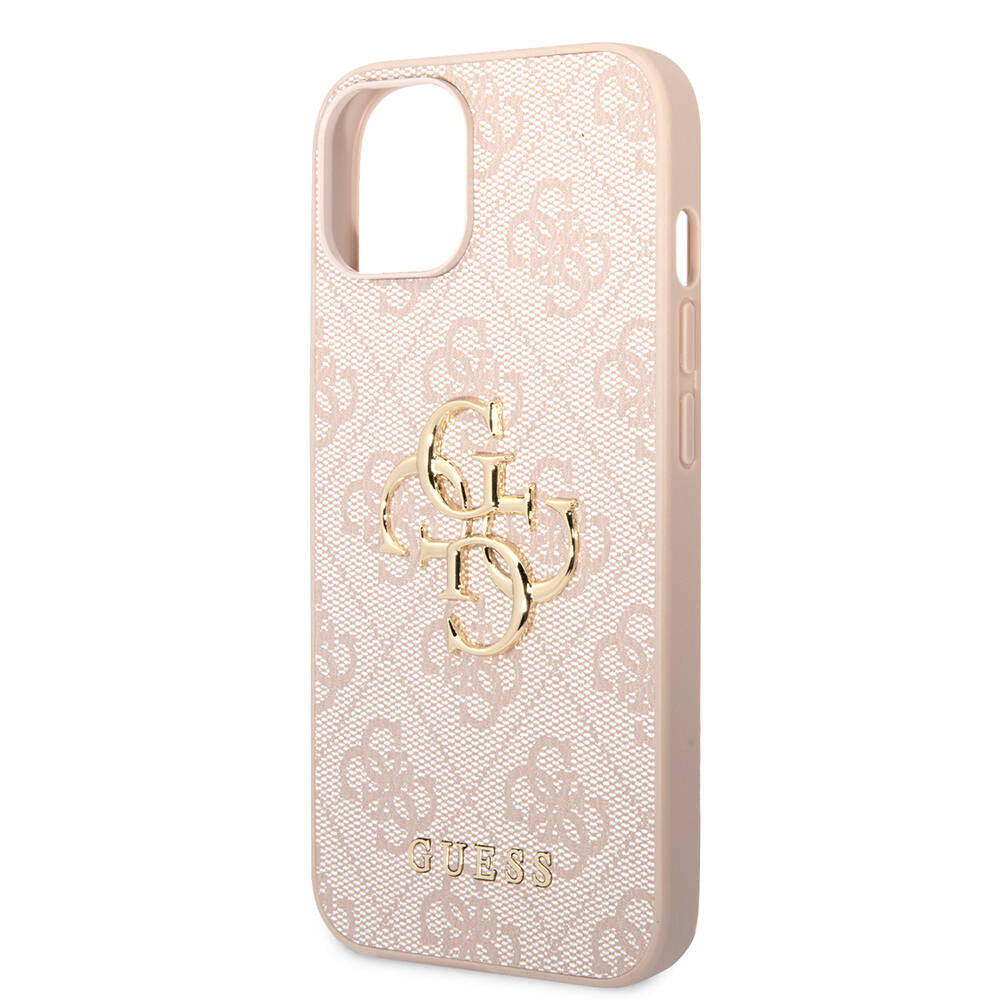 Apple iPhone 15 Plus Kılıf Guess Orjinal Lisanslı PU Deri Yazı ve 4G Metal Logolu Desenli Kapak Pembe