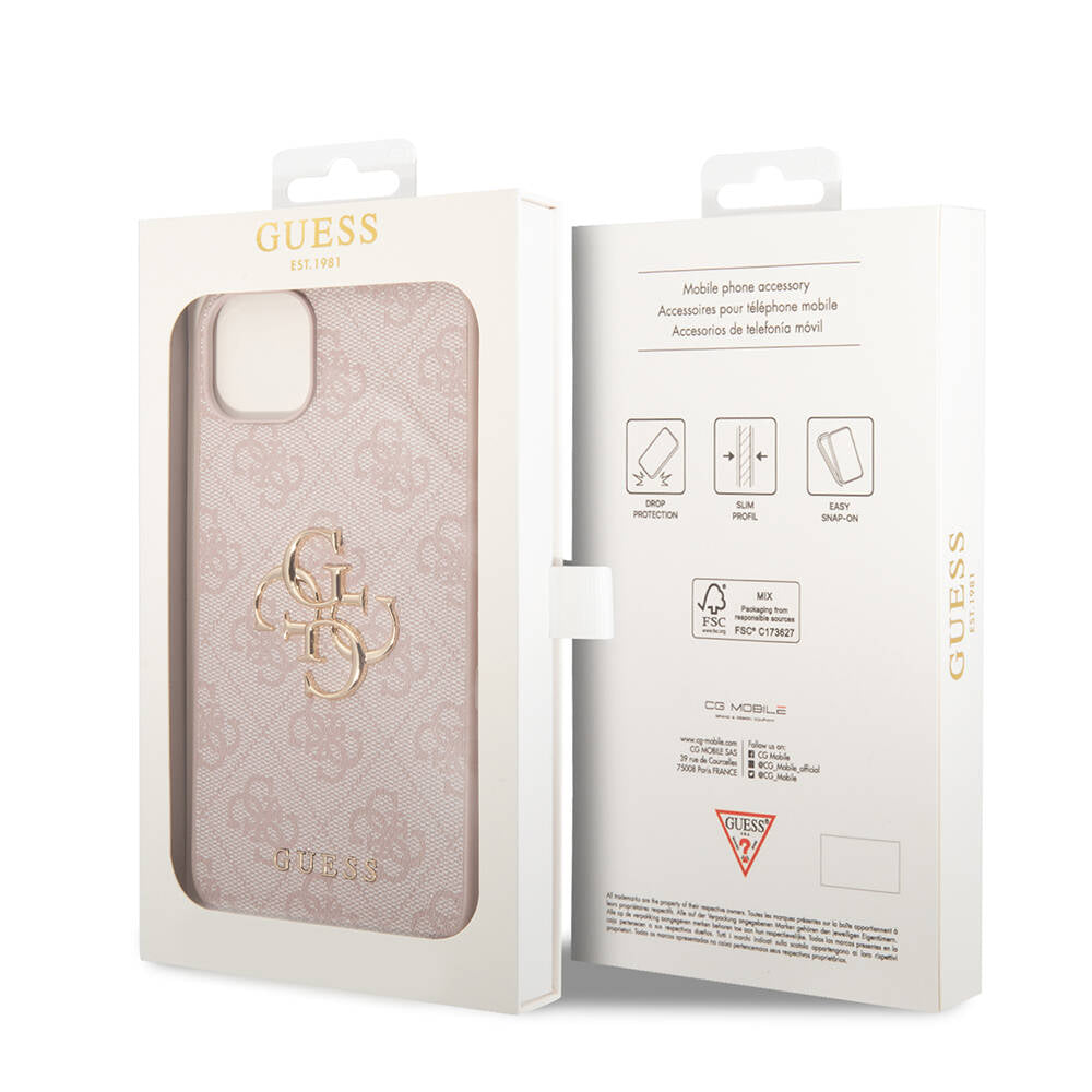 Apple iPhone 15 Plus Kılıf Guess Orjinal Lisanslı PU Deri Yazı ve 4G Metal Logolu Desenli Kapak Gri