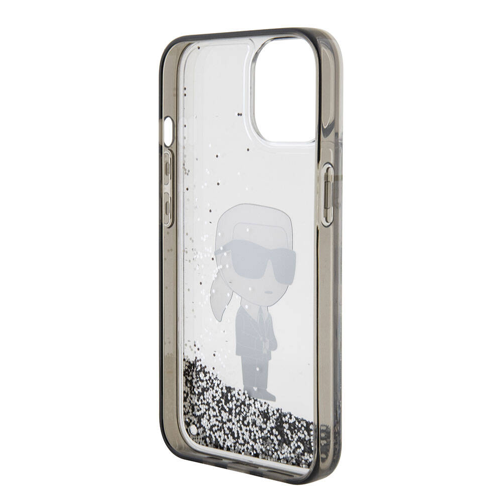 Apple iPhone 15 Plus Kılıf Karl Lagerfeld İkonik Sıvılı Glitter Orjinal Lisanslı Kapak Renksiz