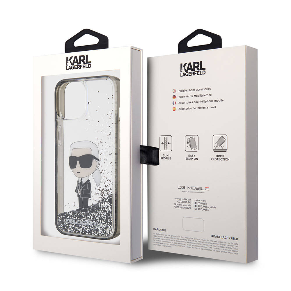 Apple iPhone 15 Plus Kılıf Karl Lagerfeld İkonik Sıvılı Glitter Orjinal Lisanslı Kapak Renksiz