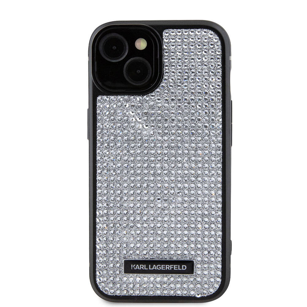 Apple iPhone 15 Plus Kılıf Karl Lagerfeld Taşlı Metal Logo Orjinal Lisanslı Kapak Siyah
