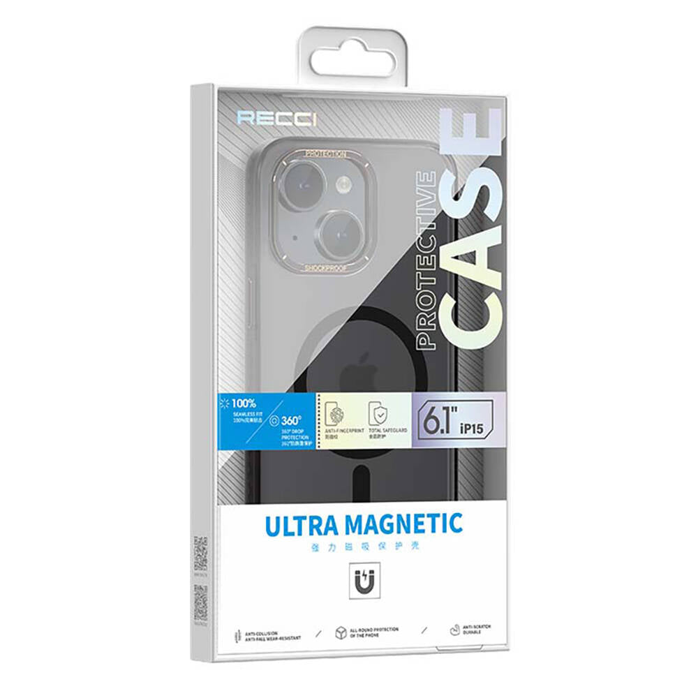Apple iPhone 15 Plus Kılıf M-safe Şarj Özellikli Cam Arka Yüzey Recci Michelin Serisi Kapak Beyaz