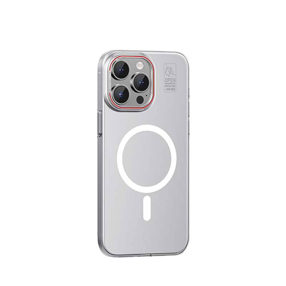 Apple iPhone 15 Plus Kılıf M-safe Şarj Özellikli Standlı Metal Kamera Çerçeveli Mat Recci Glaze Serisi Kapak Beyaz