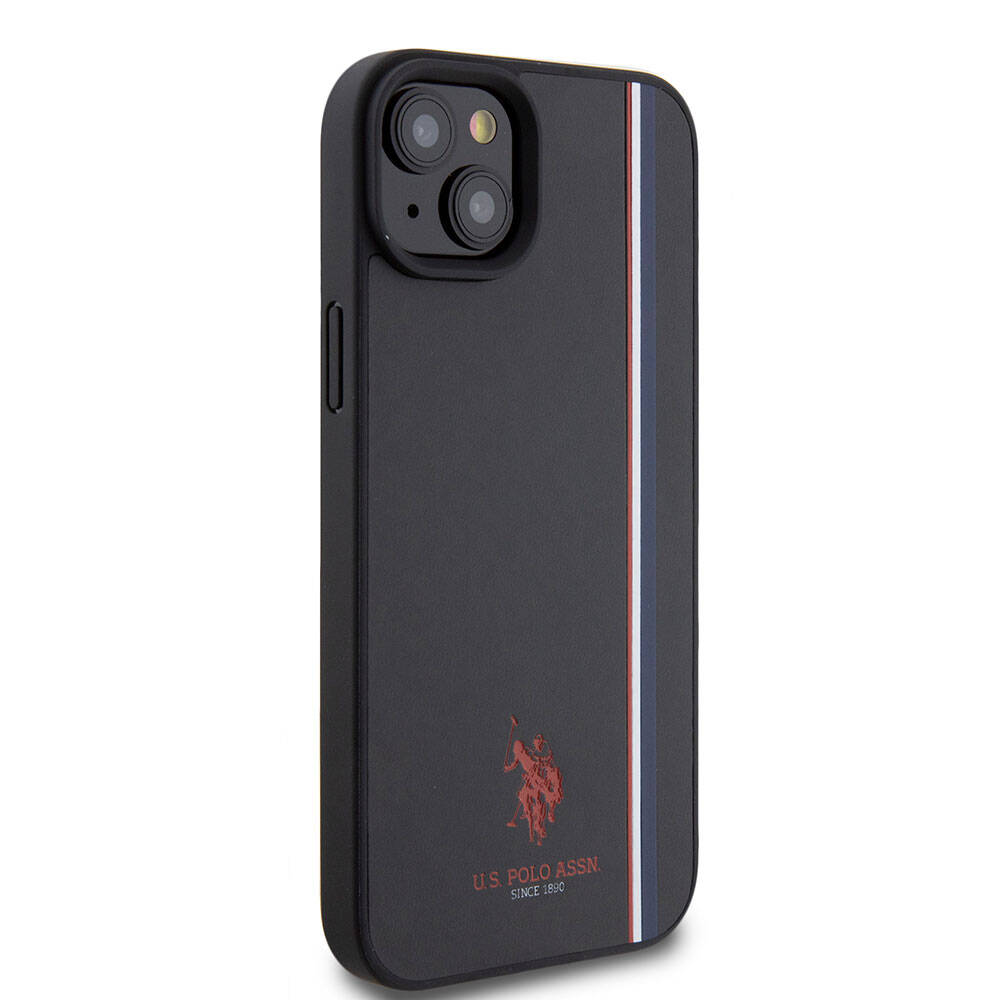 Apple iPhone 15 Plus Kılıf U.S. Polo Assn. Orjinal Lisanslı Üç Renk Şerit Tasarımlı Baskı Logolu Kapak Siyah