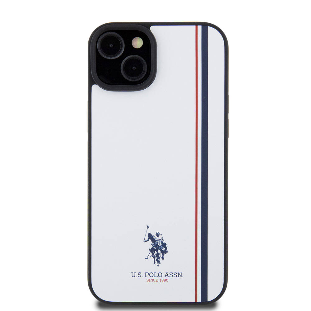 Apple iPhone 15 Plus Kılıf U.S. Polo Assn. Orjinal Lisanslı Üç Renk Şerit Tasarımlı Baskı Logolu Kapak Siyah