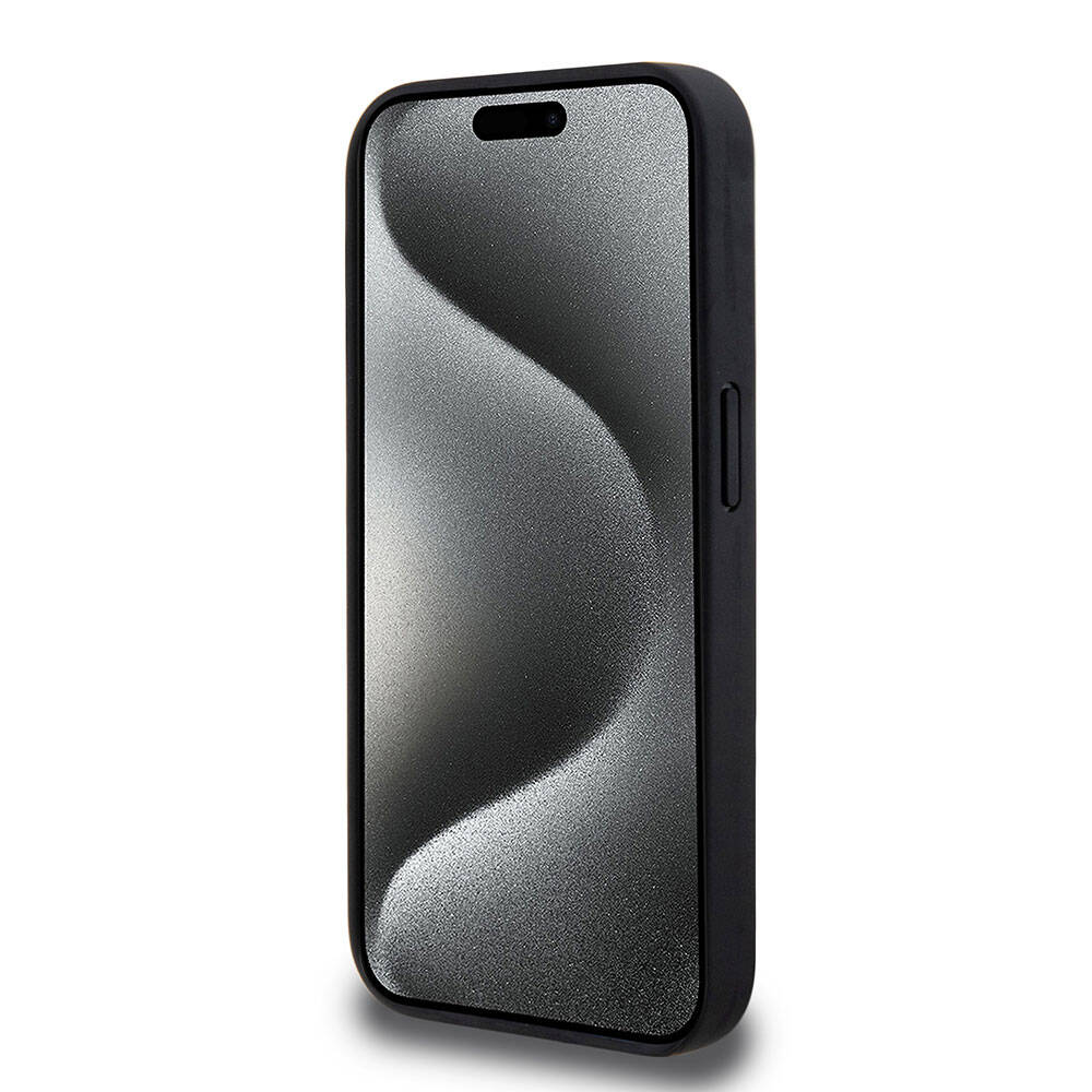 Apple iPhone 15 Pro Kılıf AMG Orjinal Lisanslı M-safe Şarj Özellikli Delikli Deri Kıvrımlı Çizgili Kapak Siyah