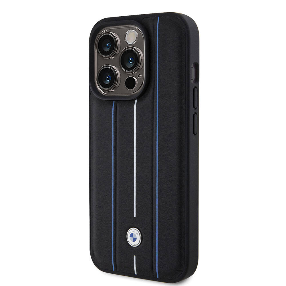 Apple iPhone 15 Pro Kılıf BMW Deri Görünümlü Blue Lines Orjinal Lisanslı Kapak Siyah