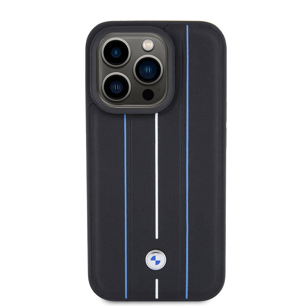 Apple iPhone 15 Pro Kılıf BMW Deri Görünümlü Blue Lines Orjinal Lisanslı Kapak Siyah