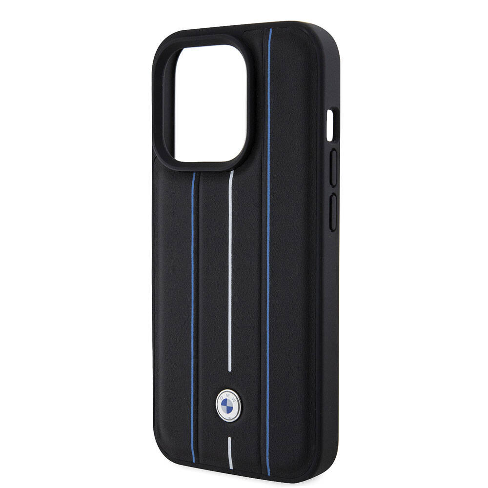 Apple iPhone 15 Pro Kılıf BMW Deri Görünümlü Blue Lines Orjinal Lisanslı Kapak Siyah