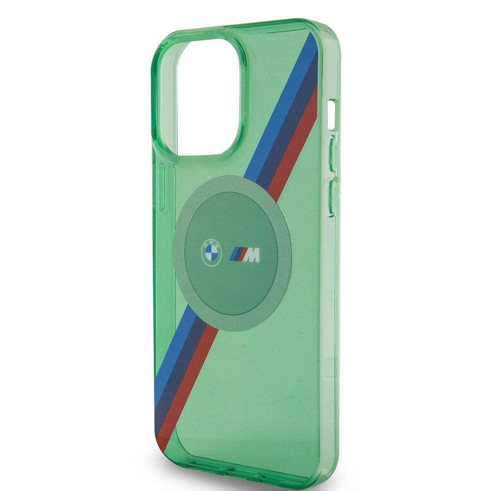 Apple iPhone 15 Pro Kılıf BMW M-safe Şarj Özellikli Transparan Tricolor Stripes Orjinal Lisanslı Kapak Yeşil