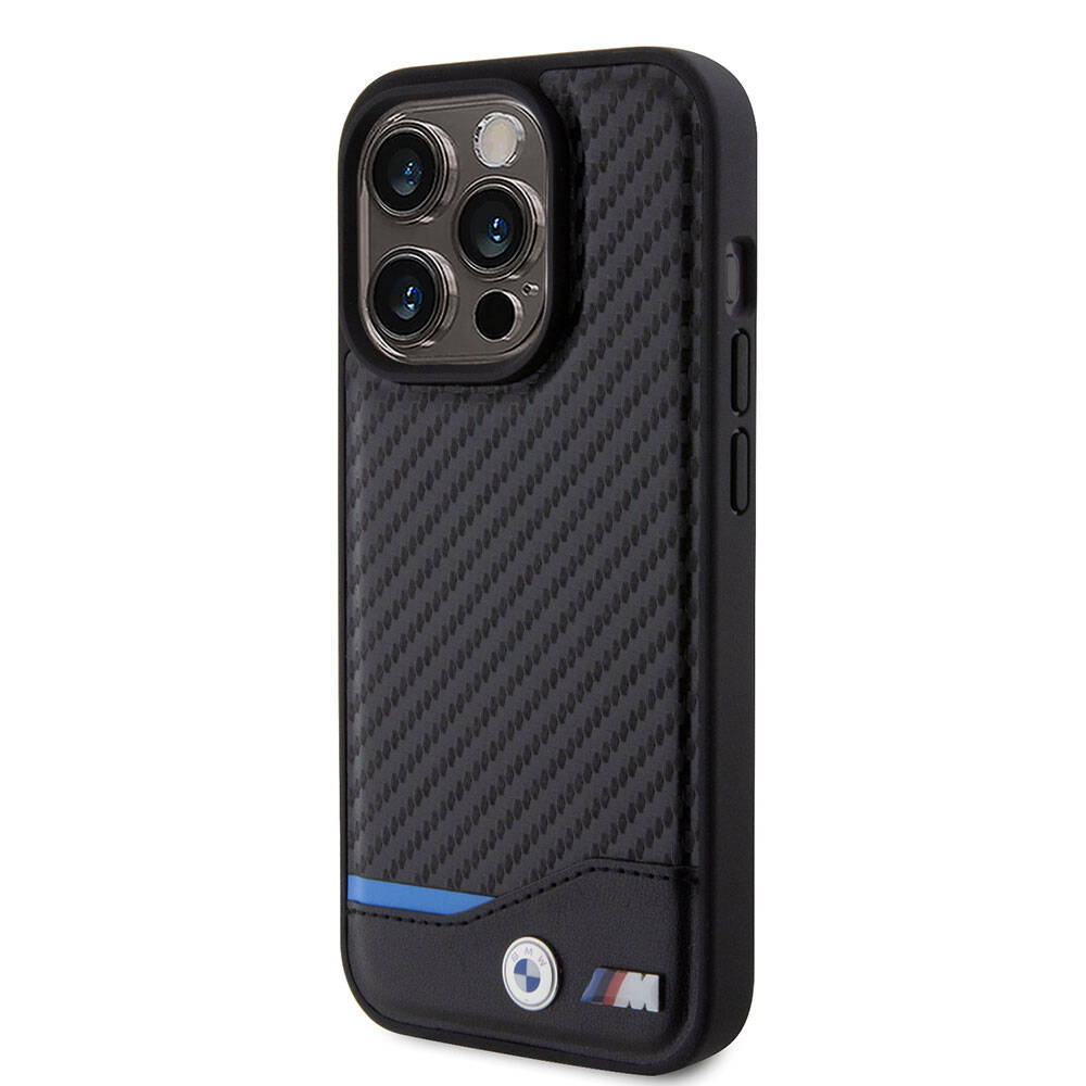 Apple iPhone 15 Pro Kılıf BMW Orjinal Lisanslı M-safe Şarj Özellikli M Logolu PU Karbon Kapak Siyah