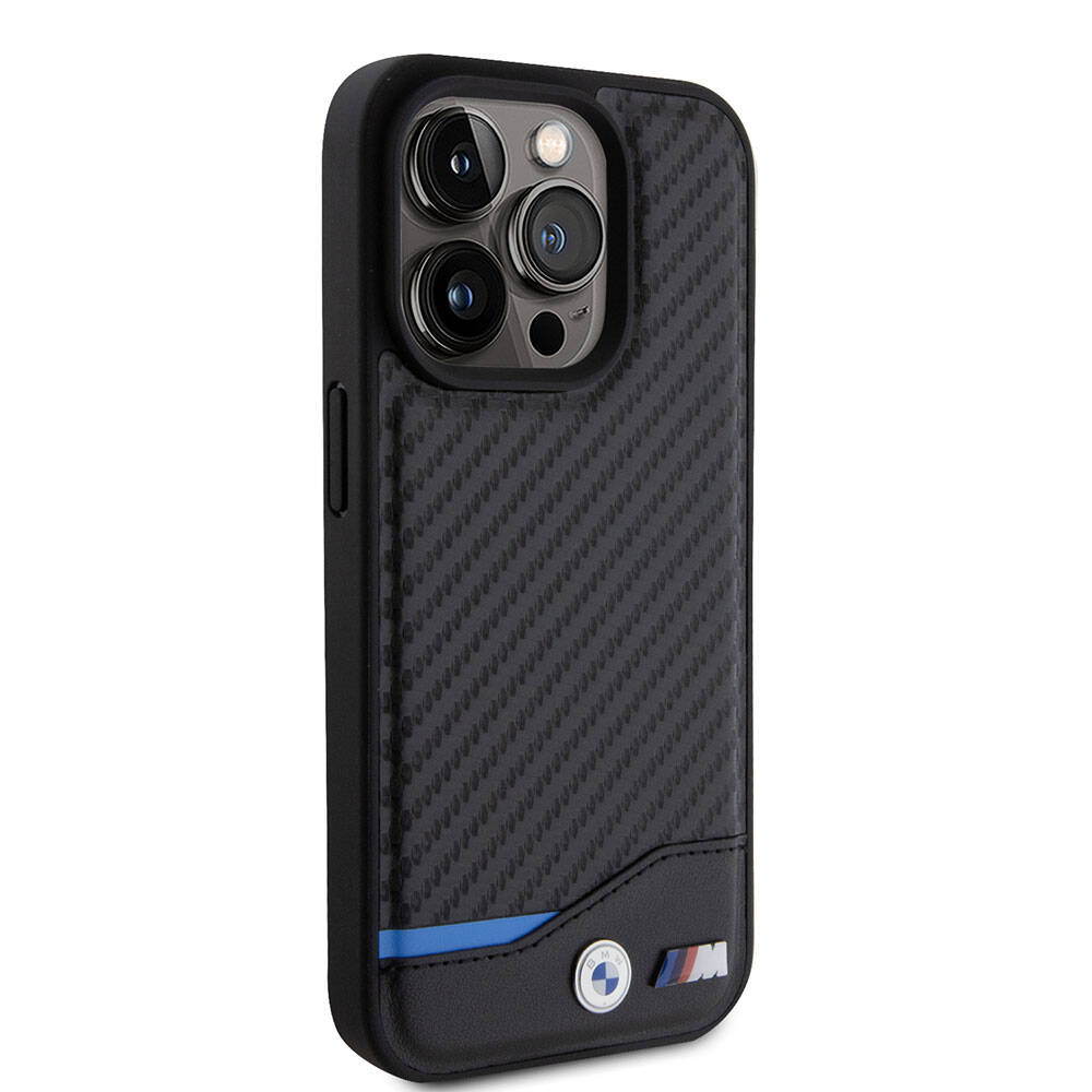 Apple iPhone 15 Pro Kılıf BMW Orjinal Lisanslı M-safe Şarj Özellikli M Logolu PU Karbon Kapak Siyah