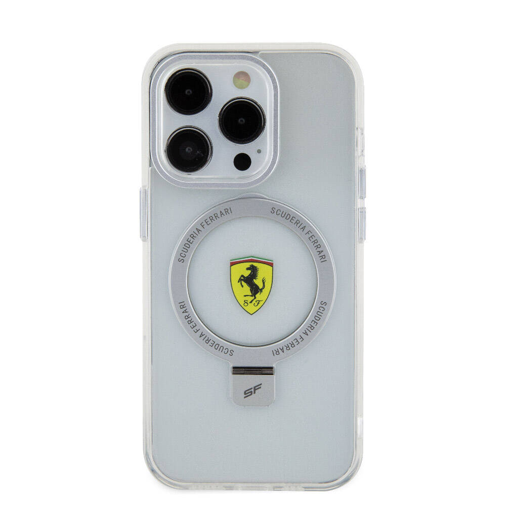 Apple iPhone 15 Pro Kılıf Ferrari M-safe Şarj Özellikli Standlı Buzlu Yüzey Dizayn Kapak Transparan Siyah