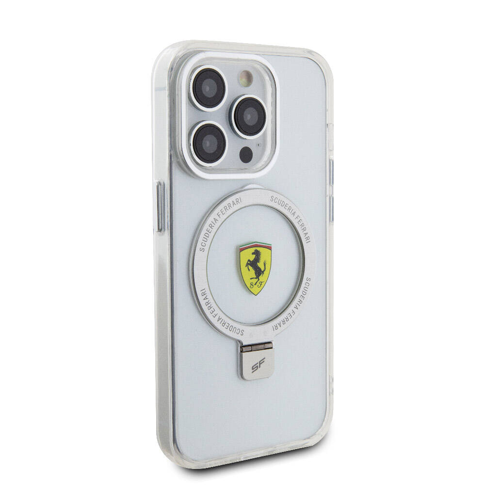 Apple iPhone 15 Pro Kılıf Ferrari M-safe Şarj Özellikli Standlı Buzlu Yüzey Dizayn Kapak Transparan Siyah