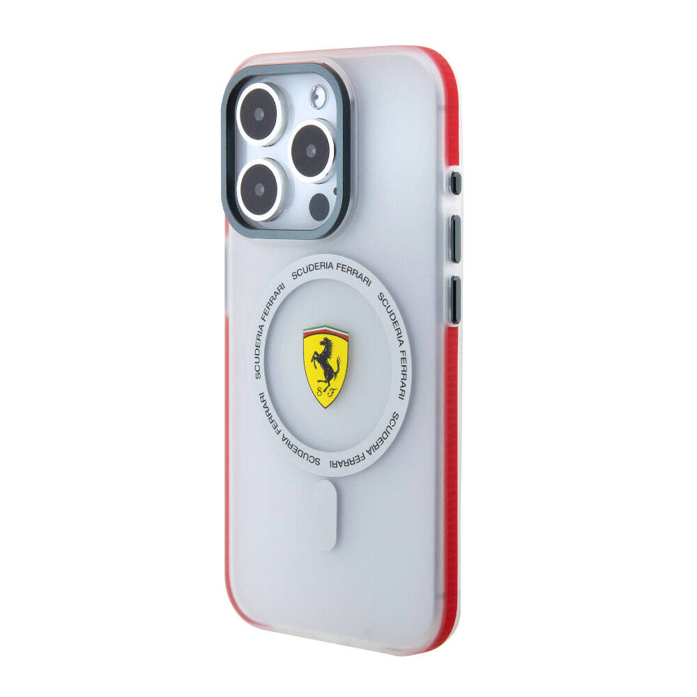Apple iPhone 15 Pro Kılıf Ferrari Orjinal Lisanslı M-safe Şarj Özellikli Kontrast Bumper SF Ring Kapak Kırmızı