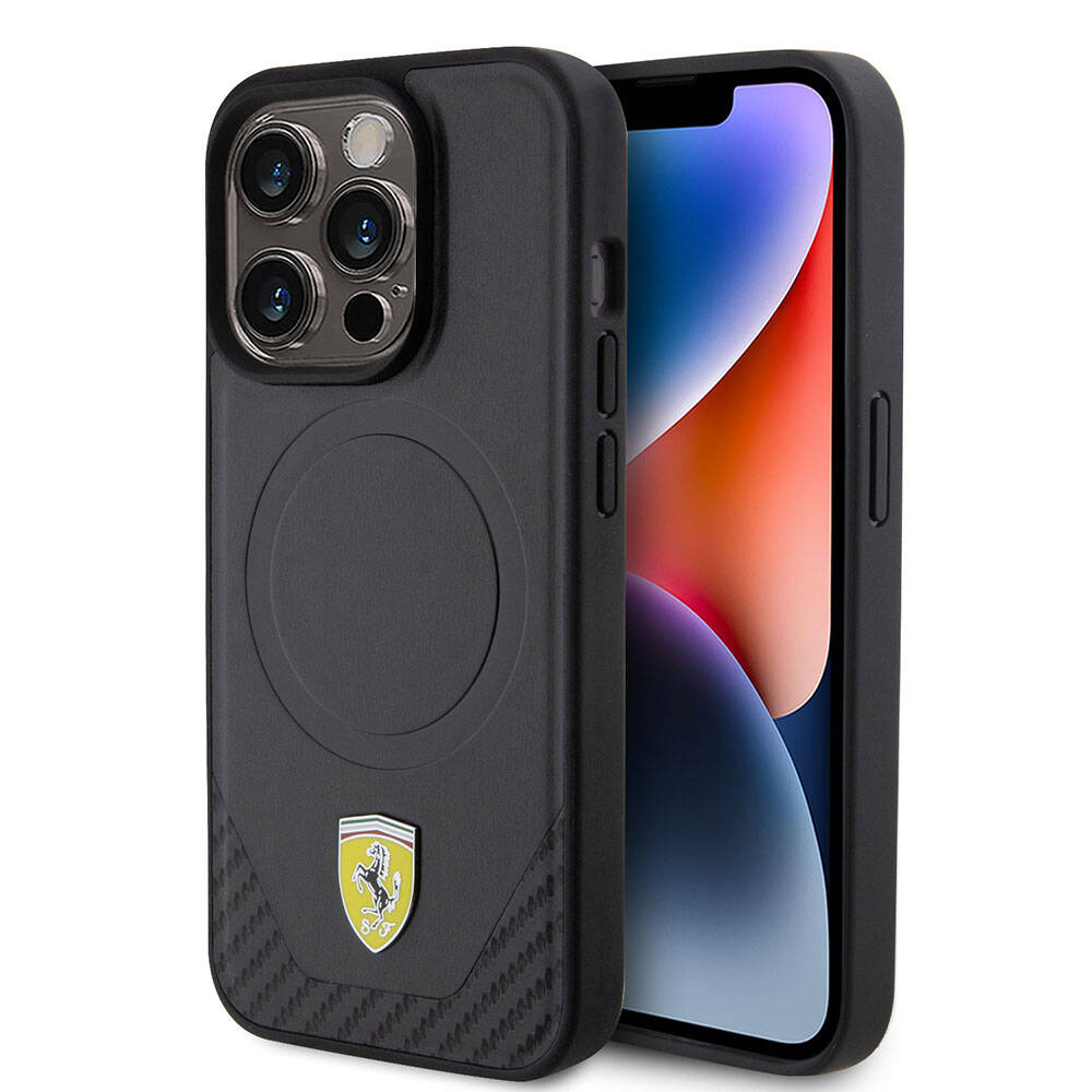 Apple iPhone 15 Pro Kılıf Ferrari Orjinal Lisanslı M-safe Şarj Özellikli Metal Logolu PU Karbon Kapak Kırmızı