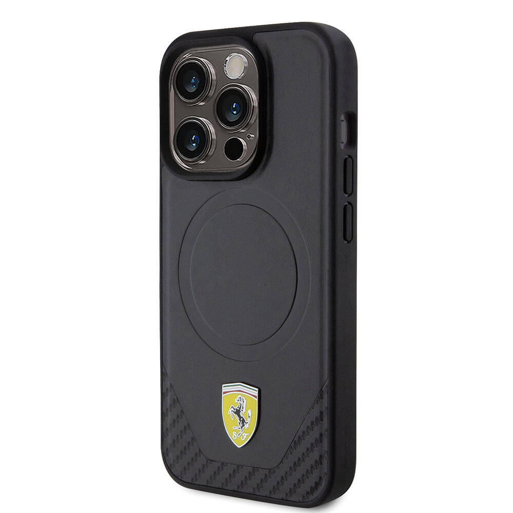 Apple iPhone 15 Pro Kılıf Ferrari Orjinal Lisanslı M-safe Şarj Özellikli Metal Logolu PU Karbon Kapak Siyah