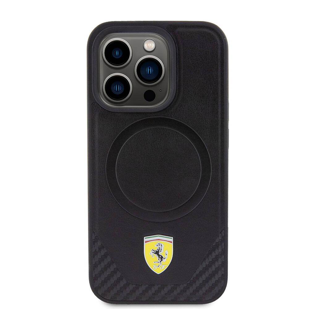 Apple iPhone 15 Pro Kılıf Ferrari Orjinal Lisanslı M-safe Şarj Özellikli Metal Logolu PU Karbon Kapak Kırmızı