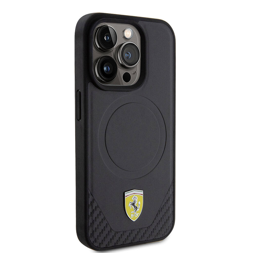 Apple iPhone 15 Pro Kılıf Ferrari Orjinal Lisanslı M-safe Şarj Özellikli Metal Logolu PU Karbon Kapak Siyah