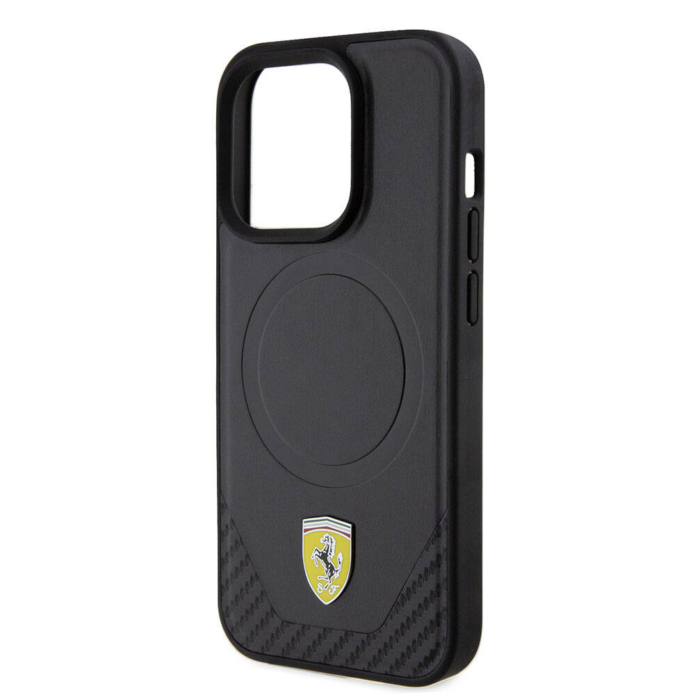 Apple iPhone 15 Pro Kılıf Ferrari Orjinal Lisanslı M-safe Şarj Özellikli Metal Logolu PU Karbon Kapak Kırmızı