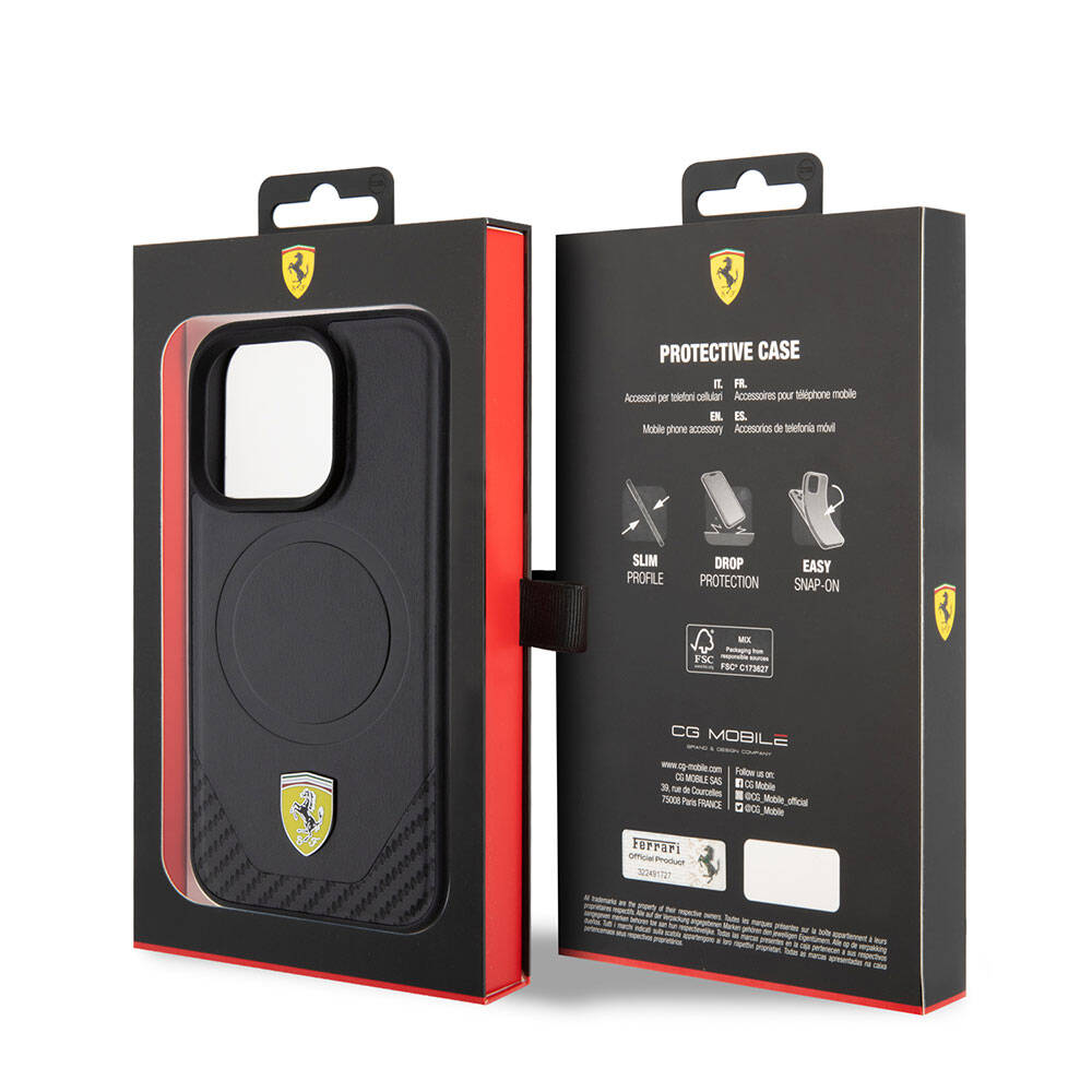 Apple iPhone 15 Pro Kılıf Ferrari Orjinal Lisanslı M-safe Şarj Özellikli Metal Logolu PU Karbon Kapak Kırmızı