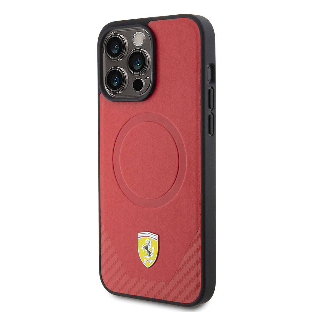 Apple iPhone 15 Pro Kılıf Ferrari Orjinal Lisanslı M-safe Şarj Özellikli Metal Logolu PU Karbon Kapak Kırmızı