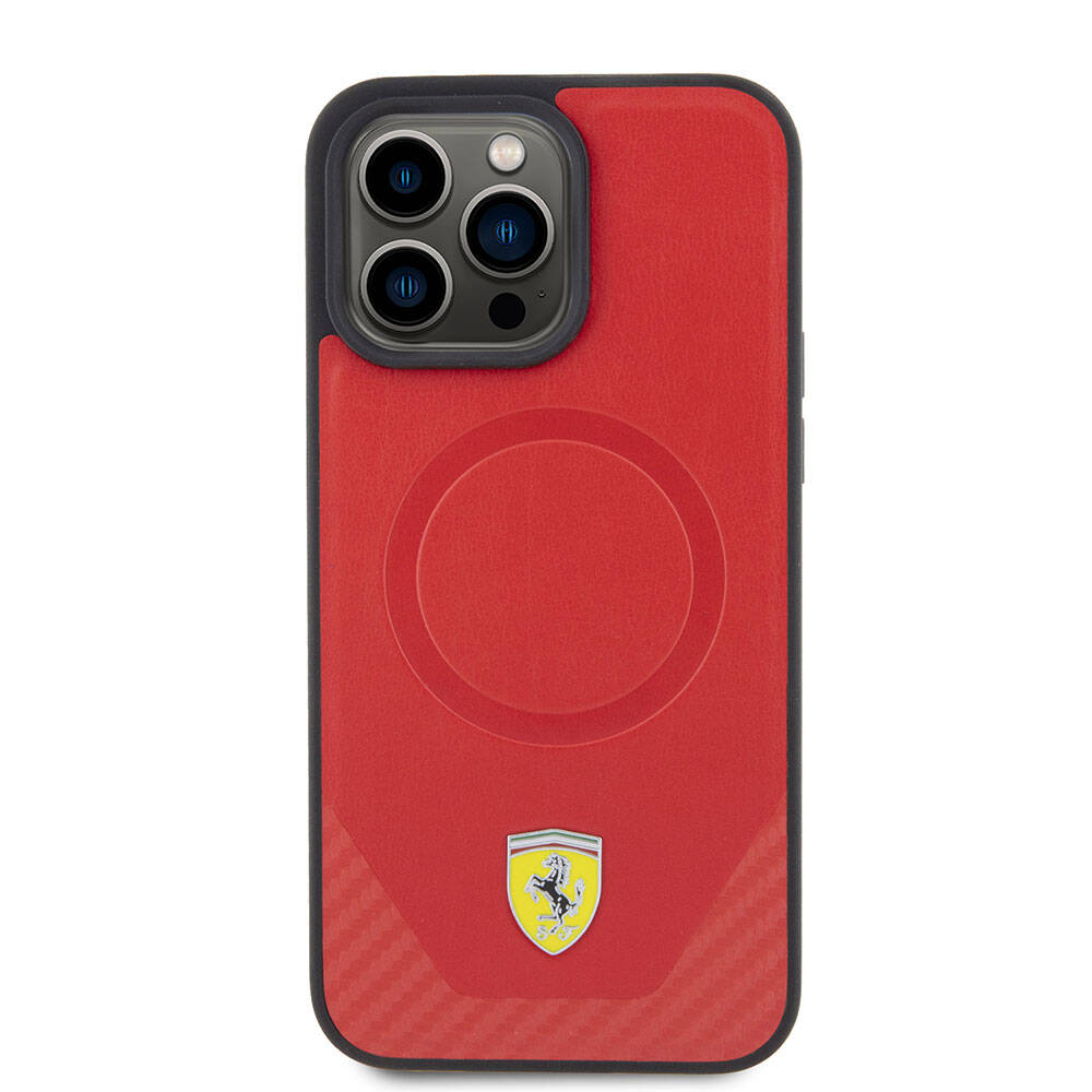 Apple iPhone 15 Pro Kılıf Ferrari Orjinal Lisanslı M-safe Şarj Özellikli Metal Logolu PU Karbon Kapak Kırmızı