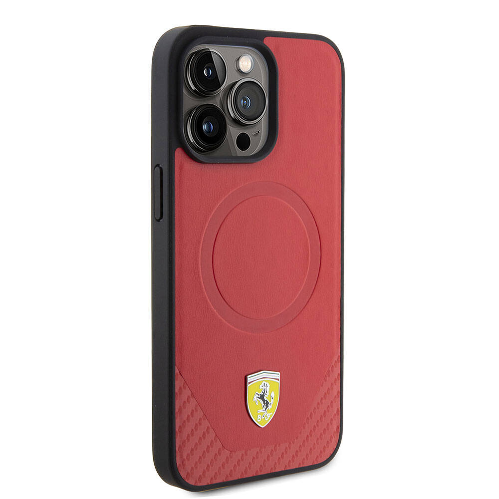 Apple iPhone 15 Pro Kılıf Ferrari Orjinal Lisanslı M-safe Şarj Özellikli Metal Logolu PU Karbon Kapak Kırmızı