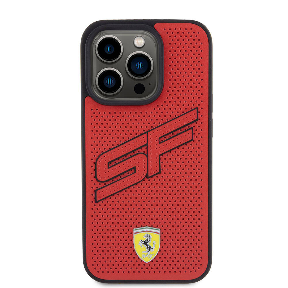 Apple iPhone 15 Pro Kılıf Ferrari Orjinal Lisanslı PU Delikli Arka Yüzey Metal Logolu Dikişli Büyük SF Yazılı Kapak Kırmızı