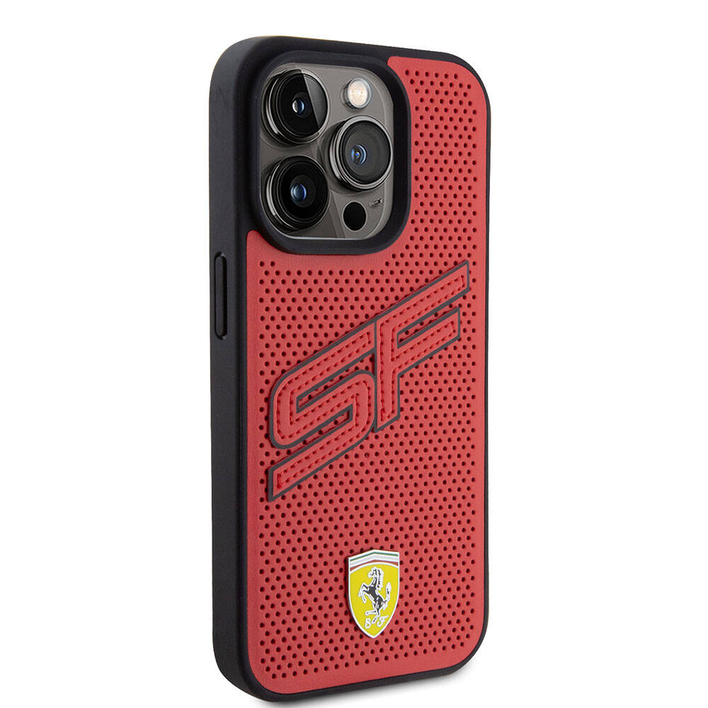Apple iPhone 15 Pro Kılıf Ferrari Orjinal Lisanslı PU Delikli Arka Yüzey Metal Logolu Dikişli Büyük SF Yazılı Kapak Kırmızı