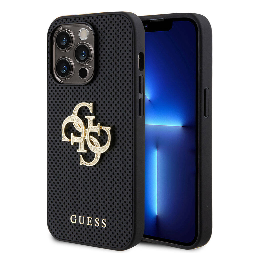 Apple iPhone 15 Pro Kılıf Guess Orjinal Lisanslı Delikli Yazı ve 4G Glitter Büyük Metal Logolu Kapak Gold