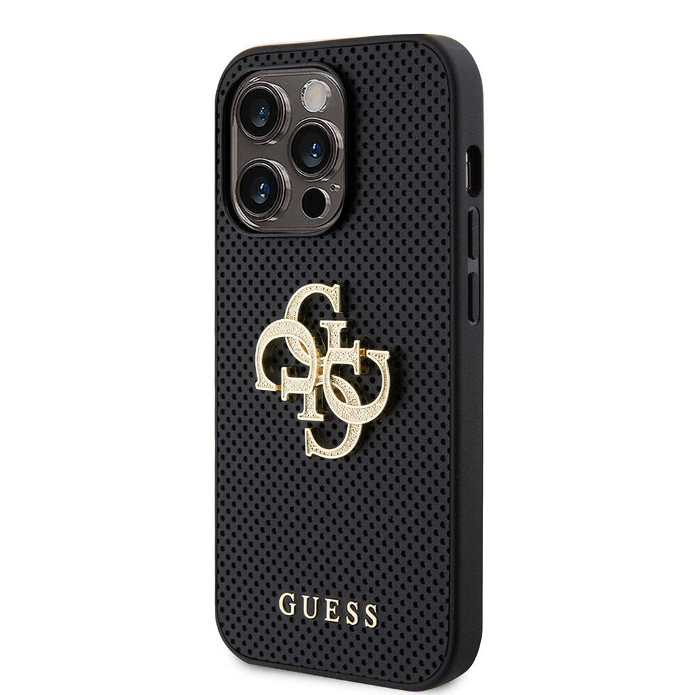 Apple iPhone 15 Pro Kılıf Guess Orjinal Lisanslı Delikli Yazı ve 4G Glitter Büyük Metal Logolu Kapak Gold