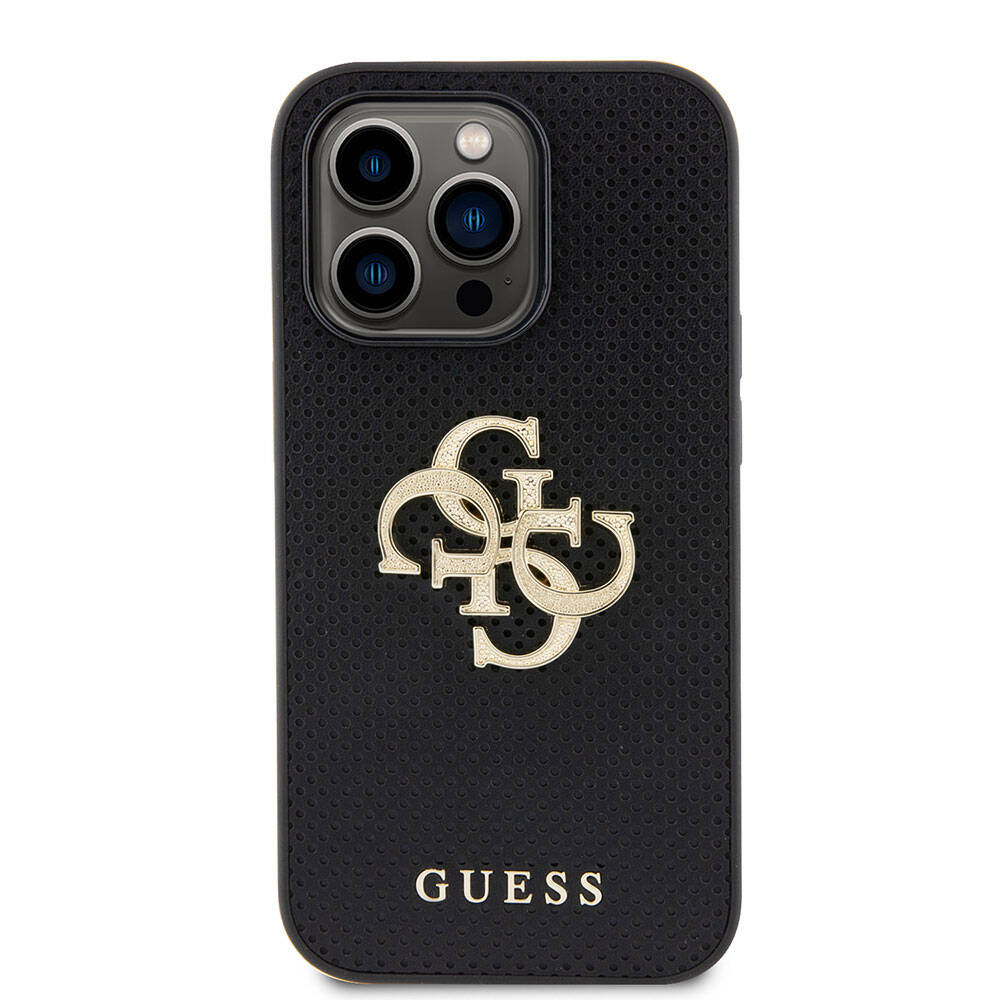 Apple iPhone 15 Pro Kılıf Guess Orjinal Lisanslı Delikli Yazı ve 4G Glitter Büyük Metal Logolu Kapak Gold