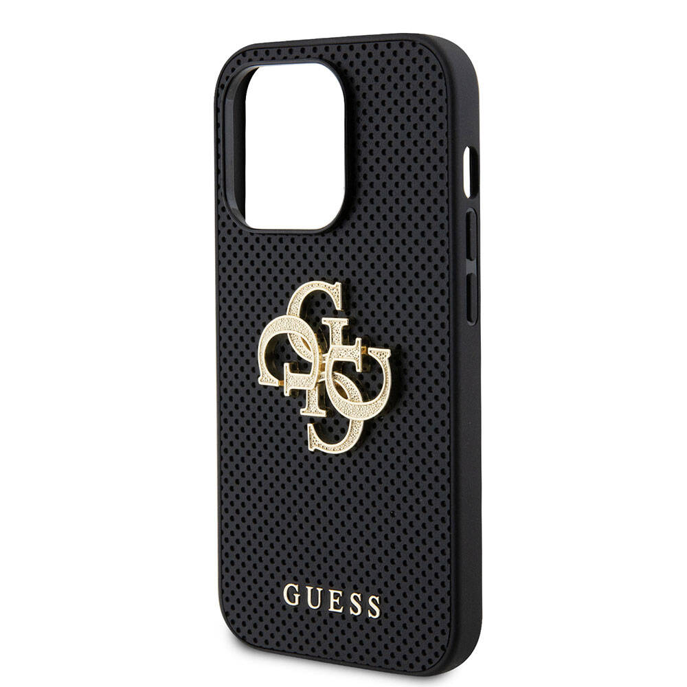 Apple iPhone 15 Pro Kılıf Guess Orjinal Lisanslı Delikli Yazı ve 4G Glitter Büyük Metal Logolu Kapak Gold