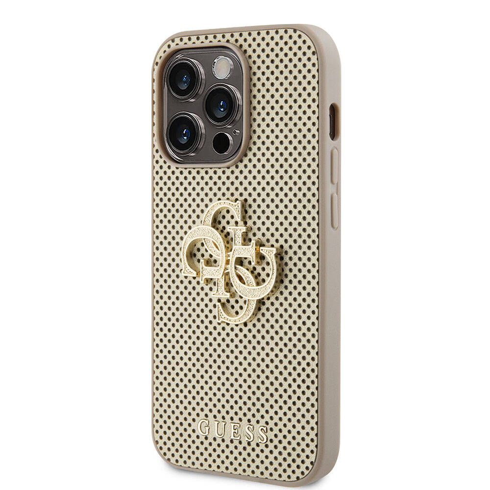 Apple iPhone 15 Pro Kılıf Guess Orjinal Lisanslı Delikli Yazı ve 4G Glitter Büyük Metal Logolu Kapak Gold