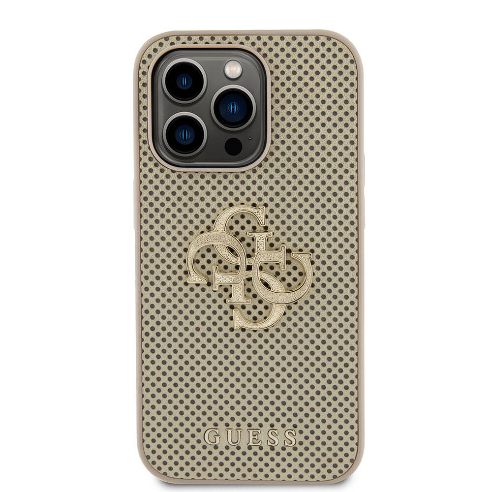 Apple iPhone 15 Pro Kılıf Guess Orjinal Lisanslı Delikli Yazı ve 4G Glitter Büyük Metal Logolu Kapak Gold