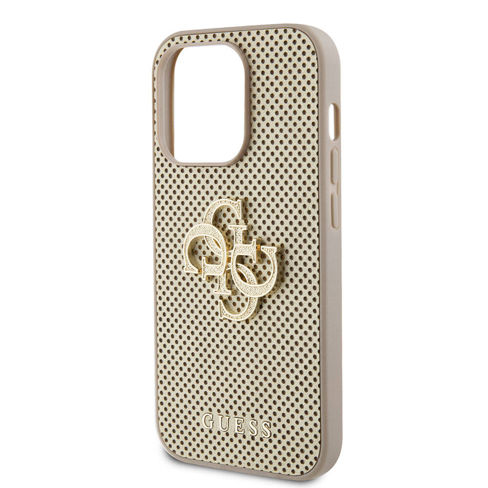 Apple iPhone 15 Pro Kılıf Guess Orjinal Lisanslı Delikli Yazı ve 4G Glitter Büyük Metal Logolu Kapak Gold
