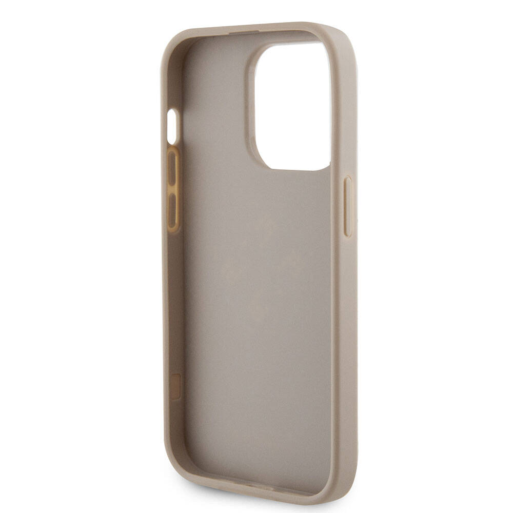 Apple iPhone 15 Pro Kılıf Guess Orjinal Lisanslı Delikli Yazı ve 4G Glitter Büyük Metal Logolu Kapak Gold