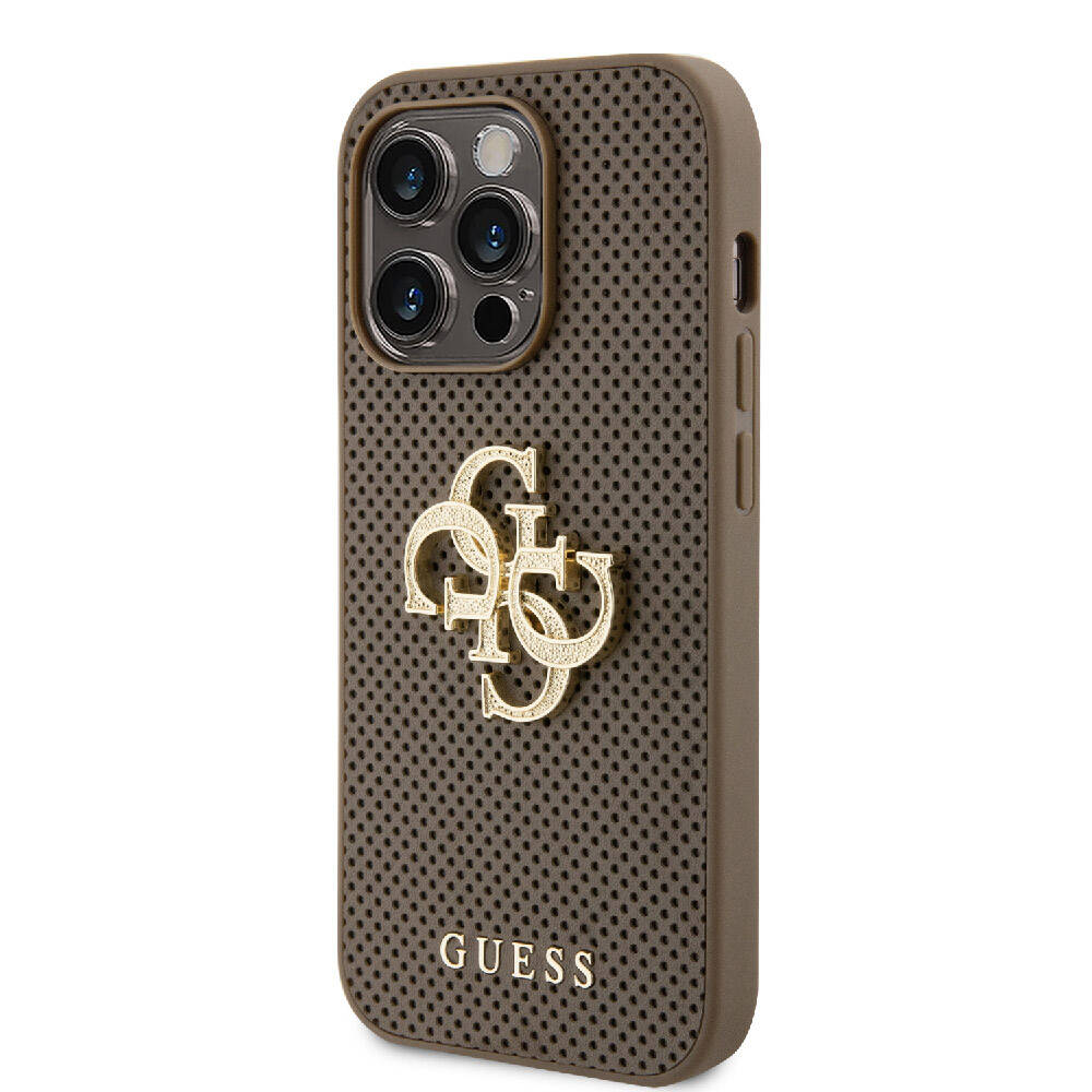 Apple iPhone 15 Pro Kılıf Guess Orjinal Lisanslı Delikli Yazı ve 4G Glitter Büyük Metal Logolu Kapak Gold