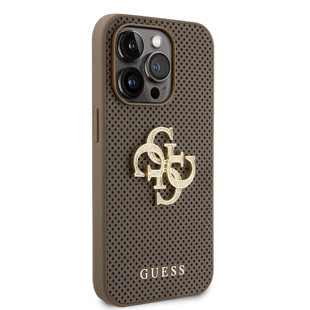 Apple iPhone 15 Pro Kılıf Guess Orjinal Lisanslı Delikli Yazı ve 4G Glitter Büyük Metal Logolu Kapak Gold