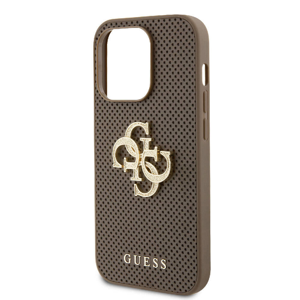 Apple iPhone 15 Pro Kılıf Guess Orjinal Lisanslı Delikli Yazı ve 4G Glitter Büyük Metal Logolu Kapak Gold