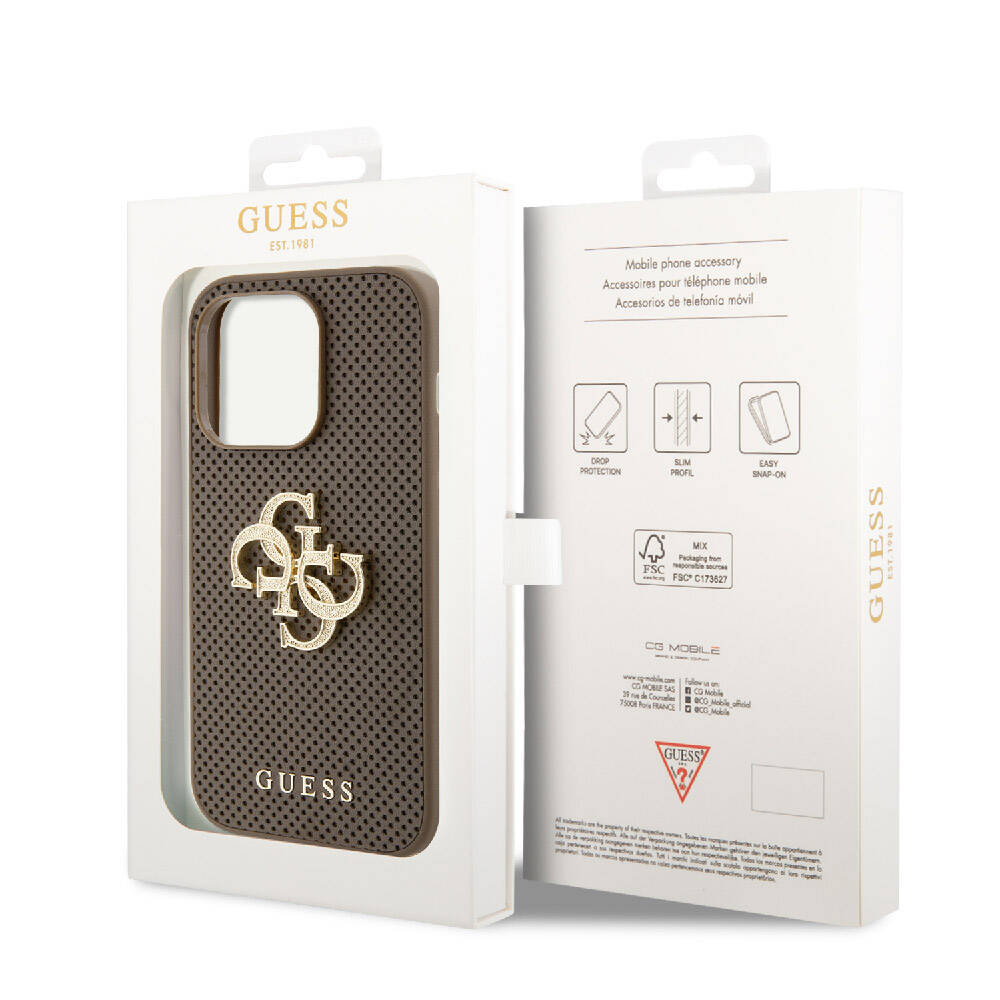Apple iPhone 15 Pro Kılıf Guess Orjinal Lisanslı Delikli Yazı ve 4G Glitter Büyük Metal Logolu Kapak Gold